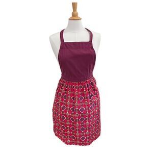 Envogue Cotton Geometric Print Bib Apron, Front Pocket, Burgundy, Orange